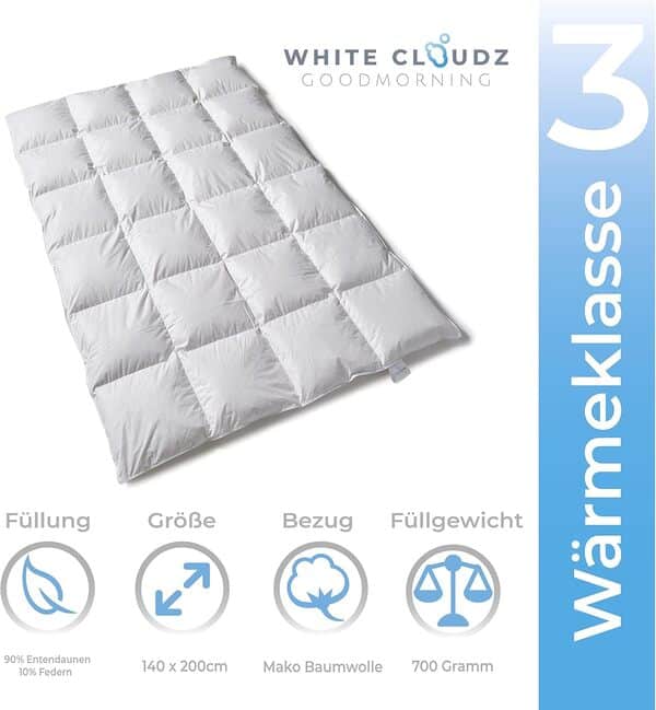 White Cloudz - Couette en Duvet Graz 140x200 cm - d'hiver - 90% Duvet de Canard européenne, Classe I, RDS