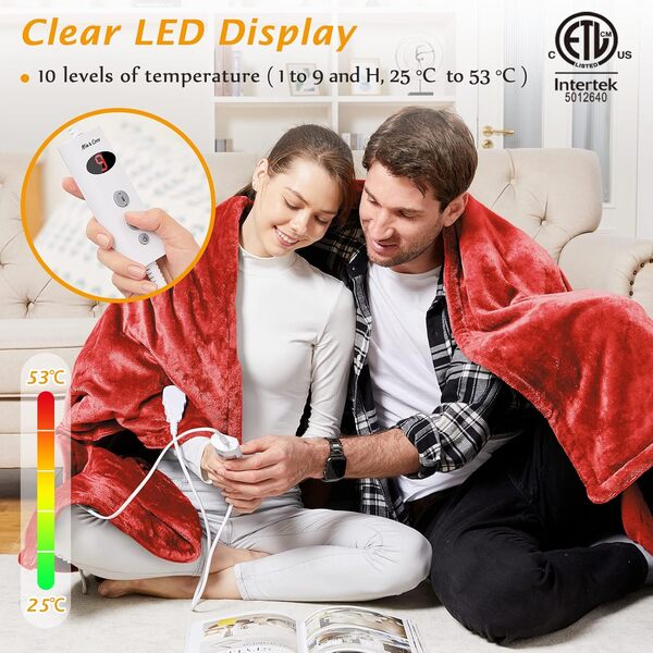 Mia&Coco Couverture chauffante avec arrêt Automatique, 180 x 200 cm, 10 Niveaux de Chauffage, minuterie d'arrêt Automatique jusqu'à 9 Heures, Protection Contre la surchauffe, Couverture chauffante