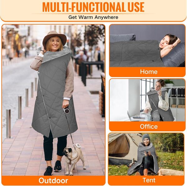 Couverture chauffante électrique à piles avec câble USB, couverture chauffante portable sans fil pour l'extérieur (gris)