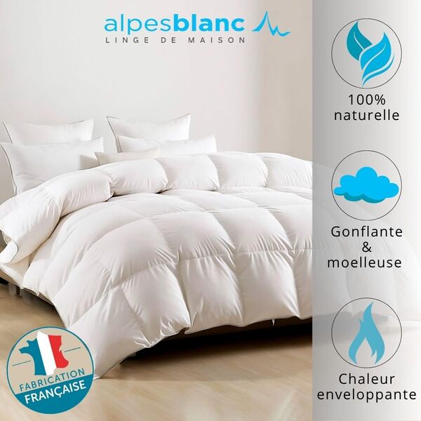 Alpes Blanc - Couette Plume Premium Luxe Hiver - 240x280 cm - Garnissage 100% Plumes et Duvet de Canard 360g/m² - Enveloppe 100% Coton - Fabrication Française