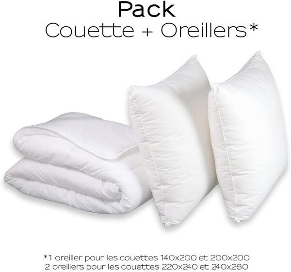 DODO I Pack Couette 4 Saison 220x240 + 2 Oreillers Medium 60x60 I pour Lit 2 Personnes I 3-en-1 I Traités Anti-acarien I Protection Active I Fabriqué en France I Lavable en Machine