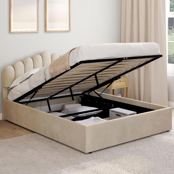 IDMarket - Lit Coffre Double NOELIE avec tête de lit et sommier 140 x 190 cm Velours Beige