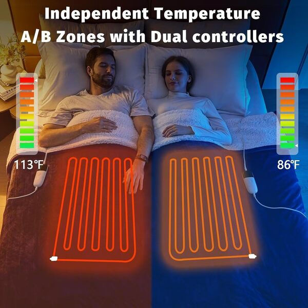 couverture électrique chauffée queen size couverture thermique 84 x 90 pouces avec double contrôle 10 niveaux de chauffage et 8 heures d'arrêt automatique, couverture cadeau en flanelle douce et