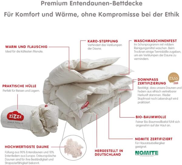 Couverture duvet de canard 220x240 pour toute l'année - Fabriqué en Allemagne - Certifié NoMite & Downpass - Couette en 90% duvet de canard / 10% plumes de canard recouvertes de coton biologique