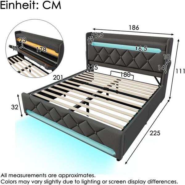 Seyakany Lit rembourré Double 180x200cm avec Ports USB et Type-C,Lit Coffre 180x200 avec éclairage LED et hydraulique Rangement,Cadres de lit 2 Place avec sommier,Tissu de Lin,sans Matelas,Gris