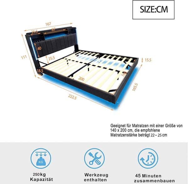 Lit 160x200 avec Sommier LED et USB, Lit Double 160x200 avec Rangement et Tete de Réglable, Rembourré avec à Lattes, 2 Personnes Cadre de(sans Matelas)