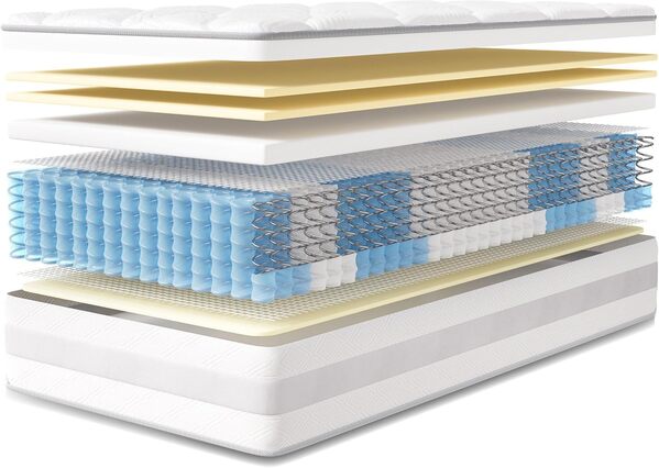 Matelas160x200 cm, 10 Couches, Matelas à Ressorts ensachés, Hauteur de 25 cm, Soutien en 7 Zones, Design Ergonomique,Durable, réversible, fermeté Moyenne (H3/H4)