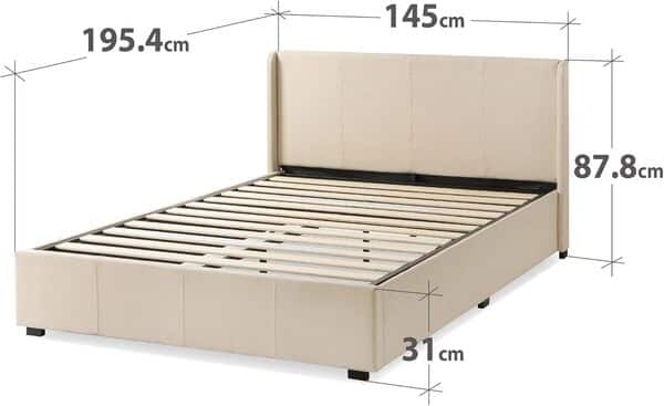 Zinus Maddon Lit Coffre 140x190 cm - Hauteur 31 cm - Système de Levage Hydraulique - Tête & Cadre de Lit Double en Bois tapissier - Beige