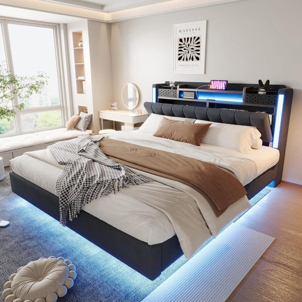 Test du lit double 160x200 avec éclairage LED et rangement