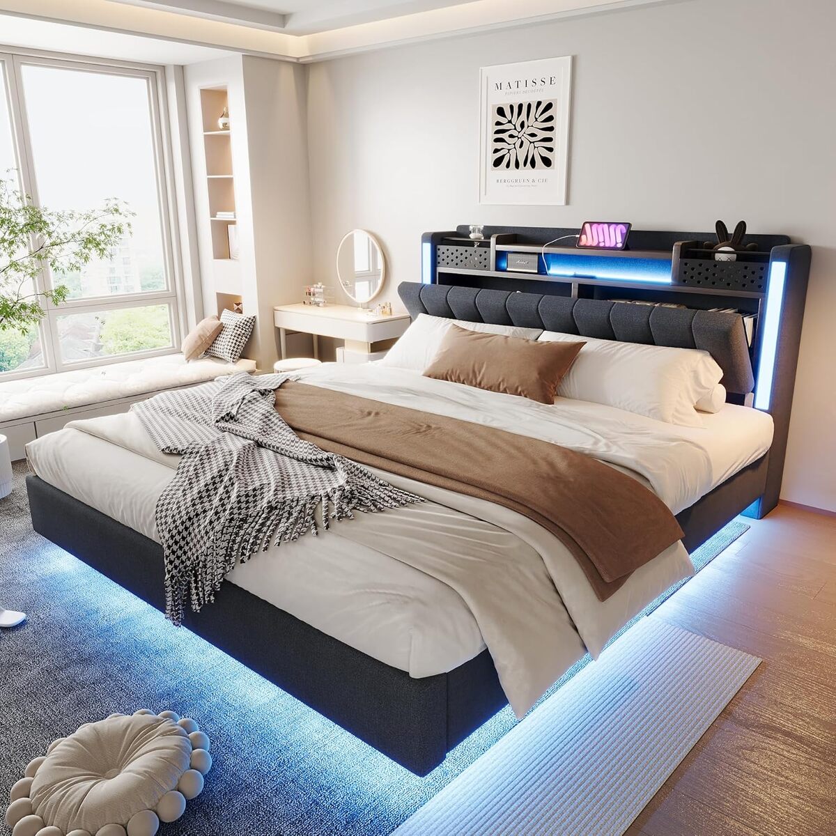 Test du lit double 160x200 avec éclairage LED et rangement