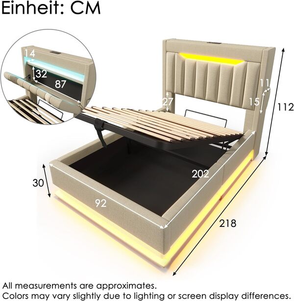 Lit 90x200 avec Sommier LED et USB C, Lit Coffre 90x200 avec coffre hydraulique et tête de lit coffre, Lit Simple avec à Lattes Lit 1 Personnes, Lit Rembourré Cadre de lit en Lin Beige(Sans Matelas)