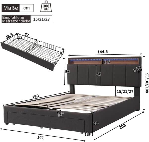 Lit Coffre 140 x 190 avec LED,Cadre de lit 1 Personne avec sommier à Lattes,avec tiroirs et Compartiments de Rangement,tête de lit escamotable en Mousse,avec Cadre en Acier,Lin,Gris