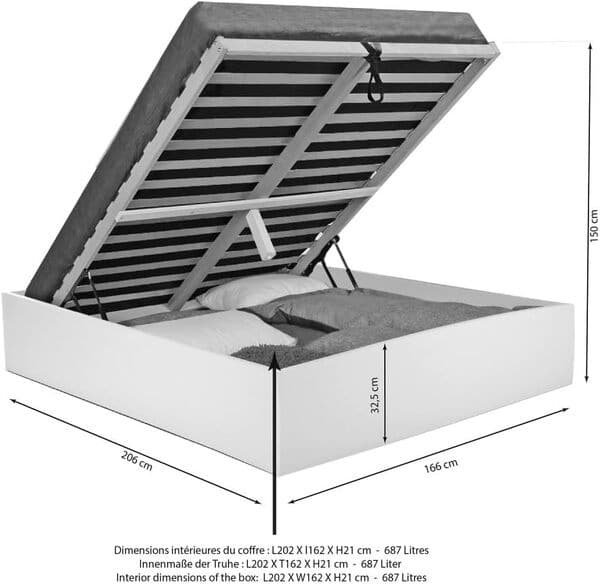 WEBER INDUSTRIES Lit Coffre Bilbao 160x200 cm + sommier/Décor chêne Blanchi