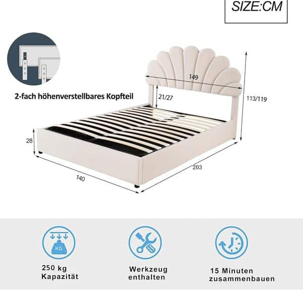 Lit Coffre 140x200 avec tête de Fleurie,Cadre de lit Adulte 140x200 avec sommier à Lattes,2 Personnes avec Rangement,Double,Tissu Velours Doux pour la Peau,Beige