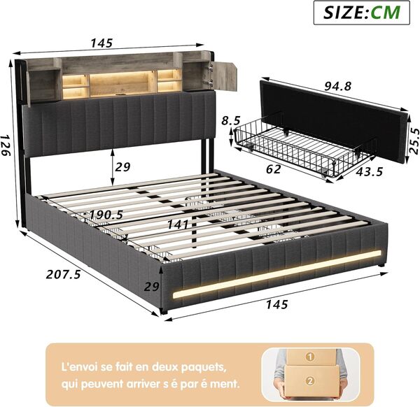 LIVLUX Lit 140x190 avec Sommier LED et USB,Lit Double rembourré avec sommier à Lattes et 4 Tiroirs,Tete de lit avec Rangement,2 Personnes pour Adultes et Adolescents,Lin (Gris, 140 x 190 cm)