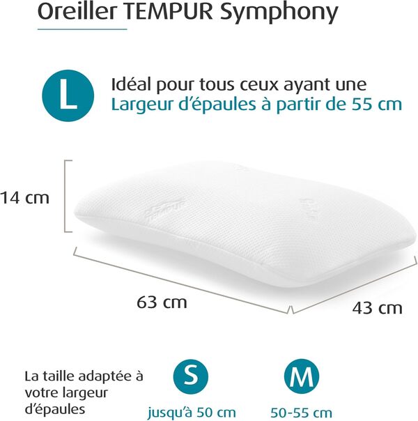 TEMPUR Oreiller Symphony Oreiller de couchage ergonomique pour les dormeurs sur le cou et sur le côté, mousse à mémoire de forme, blanc, L (43 x 63 x 14 cm)