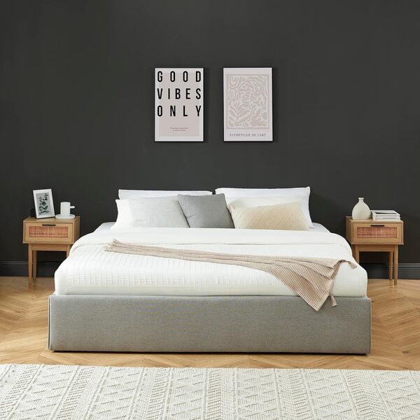 BAÏTA Lit Coffre Sakura Tissu Gris chiné sommier 180x200 Inclus