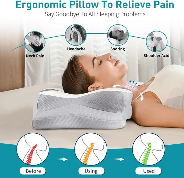 Oreiller cervical pour soulager les douleurs cervicales – Oreiller ergonomique pour dormeur latéral pour adultes, oreiller rafraîchissant en mousse à mémoire de forme, oreiller orthopédique pour