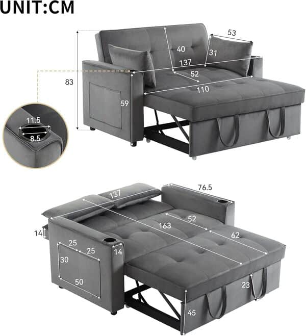 Canapé Convertible 2 Places avec Porte-gobelet et Dossier Réglable, Canapé Lit avec Poches d'accoudoirs et Oreillers, Canapé 2 Places Pliable Multifonctionnel au Salon Chambre Appt, Gris