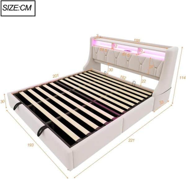 Lit Double 180x200 cm avec éclairage LED et Prise de Courant, lit Coffre hydraulique, tête de lit tapissée avec Rangement, Cadre de lit 180x200 avec sommier relevable, Tissu Velours, Beige