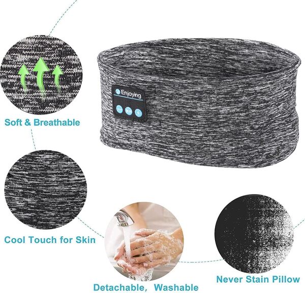 Casque de sommeil Bluetooth avec haut-parleurs stéréo HD ultra fins, idéal pour le sport, les personnes dormant sur le côté, les voyages en avion, la méditation et la relaxation Noir