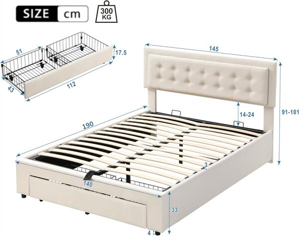 Lit Coffre 140 x 190 cm,lit 2 Personnes,Cadre de lit avec Caisson et tiroirs,Tissu Velours,avec sommier à Lattes,Grand Rangement,Beige(sans Matelas)