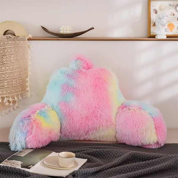 Aimuan Coussin de lecture avec accoudoirs en fourrure de lapin pour adultes et adolescents - Pour repos incliné et ronflement - Avec soutien lombaire de grossesse (standard, rose clair)