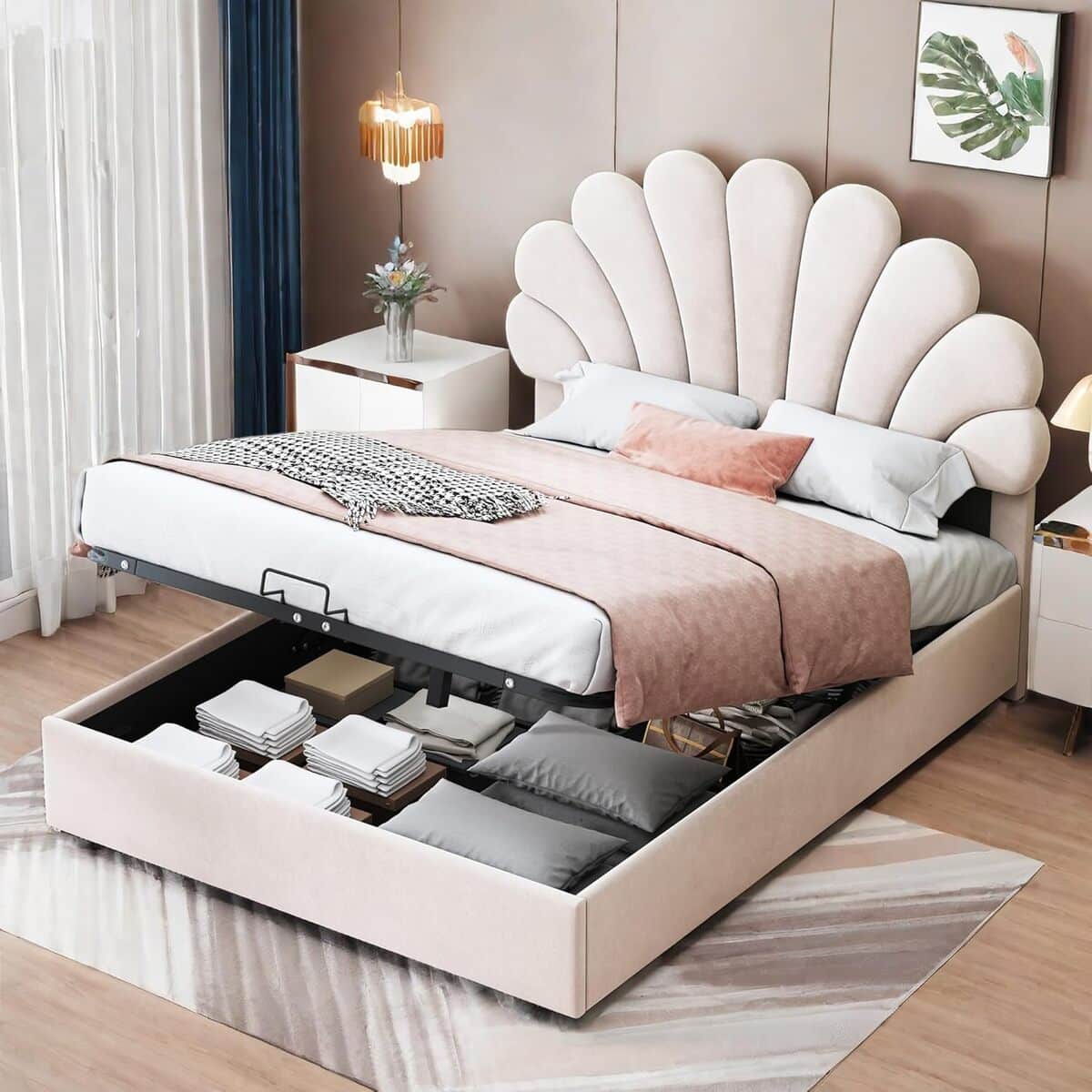 Test du lit coffre Sapgaks 140x200 avec rangement et tête fleurie