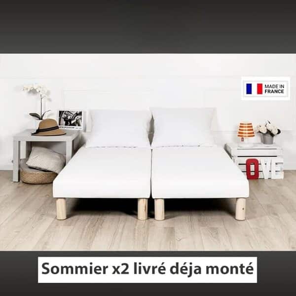 Sommier Wyatt Blanc 140x200cm (2x70x200cm) Pieds Offert. Fabrication Francaise