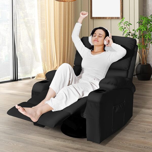 Rocking Fauteuil de Massage avec Vibration et Chaleur, Ports USB et Type-C, pivotantes à 360 °, en Cuir synthétique, pour Salon, Chambre à Coucher, Chambre d'enfant, Camping-Car, Noir