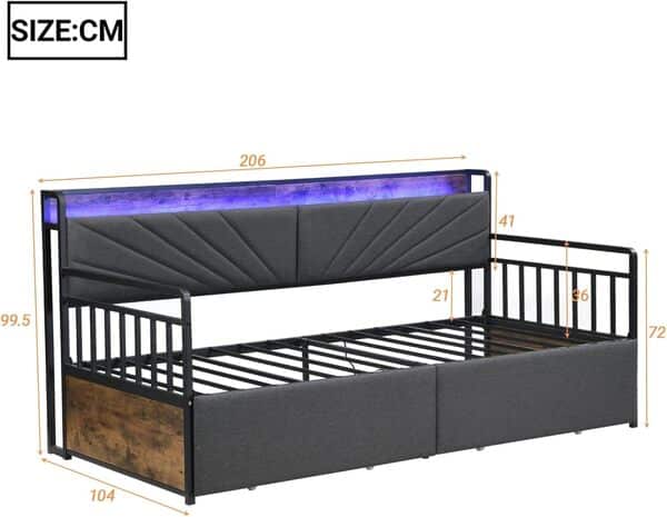 Canapé Lit 90x200cm avec éclairage LED,Prise de Charge et 2 Tiroirs Rangements,Design Multifonctionnel canapé lit 1 Places,Cadre en Fer,sans Matelas (Noir)
