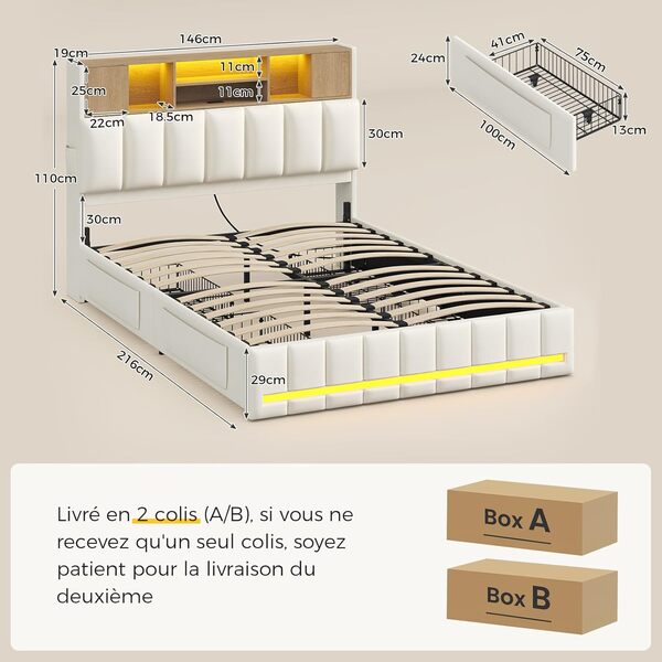 Lit 140 x 190, Lits Double avec LED et Multiprise, Cadre de Lit en Métal avec 4 Tiroirs, Tête de Lits en Bois Capitonnée avec 7 Compartiments, Lits 140 x 190 avec Sommier et Rangement, Blanc