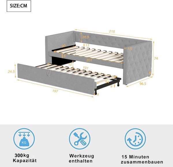 KOMHTOM Canapé lit 90x200 avec Un lit gigogne 90x190, canape lit 2 Places Convertible avec sommier à Lattes lit capitonné Cadre de lit (Gris Clair)