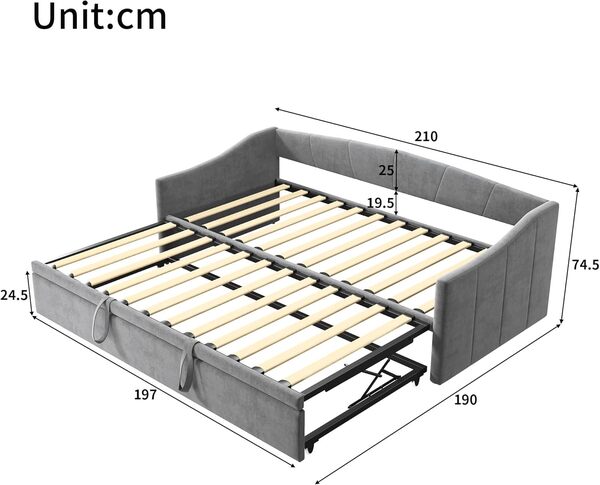 Canapé-lit convertible gris 90/180 x 200 cm, lit double avec canapé-lit amovible, structure à lattes, revêtement en velours, sans matelas (gris-B, 90/180 x 200 cm)