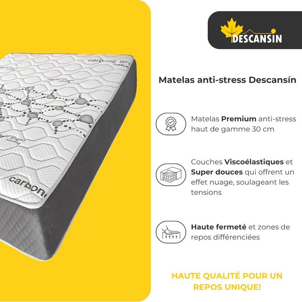 Descansín - Matelas Ferme Viscoélastique Anti-Stress Premium Mémoire de Forme pour Douleurs Dorsales Hauteur 30cm