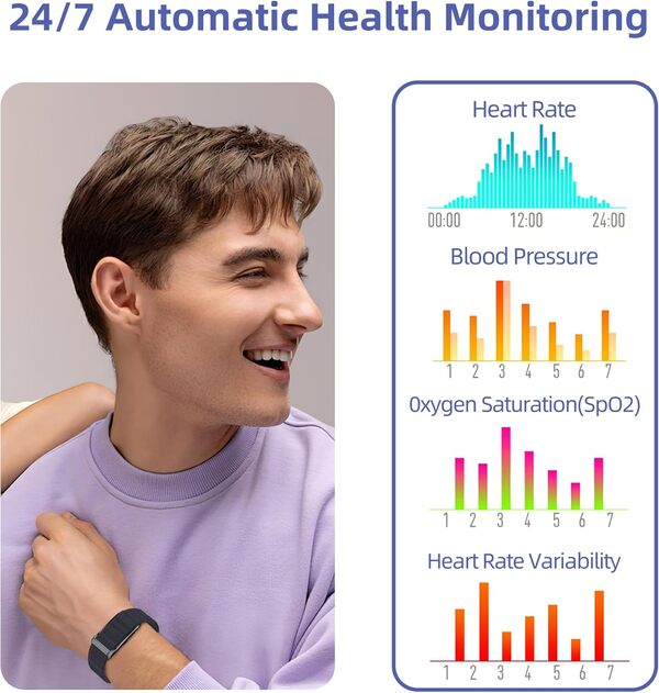 5ATM Fitness Tracker, IP68 Bracelet Santé Intelligent Homme Femme, 127 Sportifs Fitness D'activité Tracker, 24/7 Surveillance l'hypertension Artérielle, Fréquence Cardiaque, SpO2, Stress, Sommeil, HRV