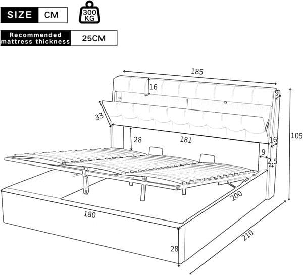 Lit Coffre 180x200 avec tête de lit à Rangement dissimulé,système hydraulique,Cadre de lit 180x200 avec sommier à Lattes,PU,Blanc