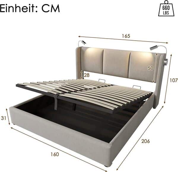 Lit Coffre 160x200 Avec Sommier, LED, USB et Tête de Lit - Espace de Rangement, Double à Lattes Pour 2 Personnes - Cadre Capitonné (Sans Matelas)