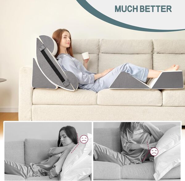 Lot de 6 oreillers orthopédiques en mousse à mémoire de forme pour dormir, soulager les douleurs du dos et des jambes confortables et réglables, anti-ronflements, brûlures d'estomac