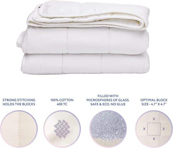 SLEEP & GLOW Couverture lestée de 4,5 kg, taille simple, 121,9 x 182,9 cm, couverture lourde avec perles de verre de qualité supérieure (blanc)
