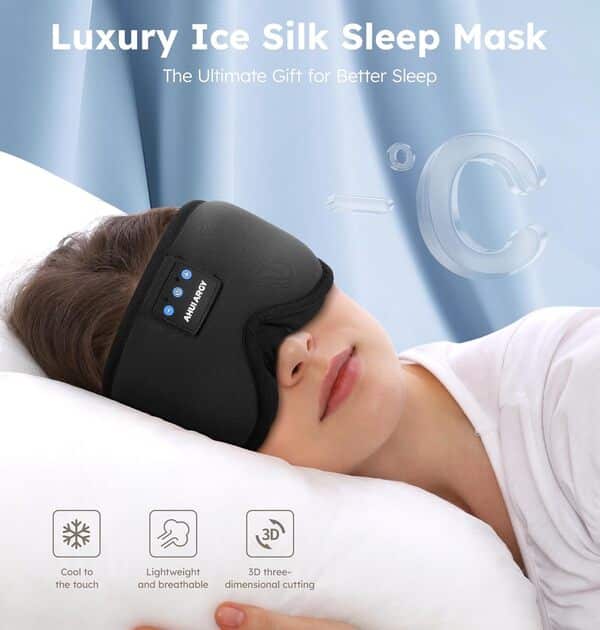 Masque de sommeil en soie glacée avec écouteurs, casque de sommeil 3D pour les personnes dormant sur le côté, masque de sommeil Bluetooth 5.4 avec minuterie, casque de sommeil totalement