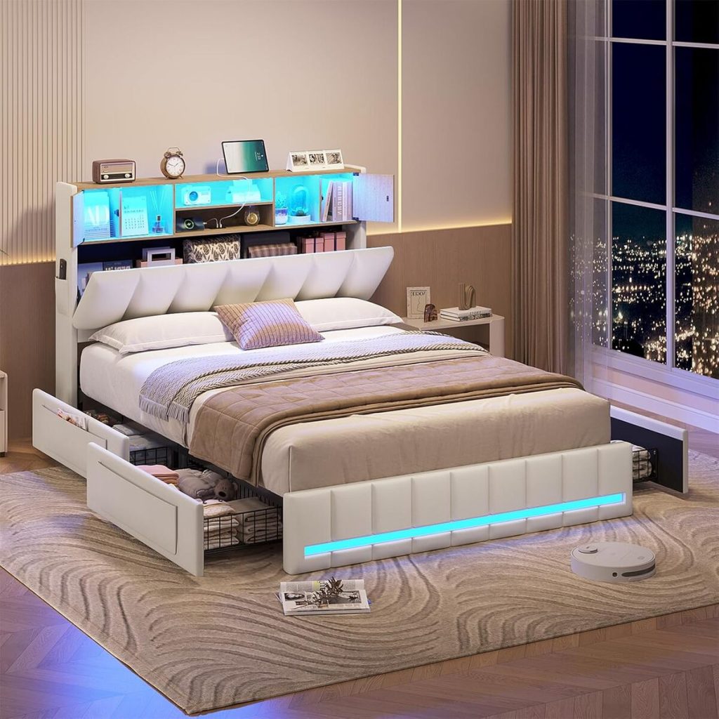 Test du lit double avec LED et rangements intégrés