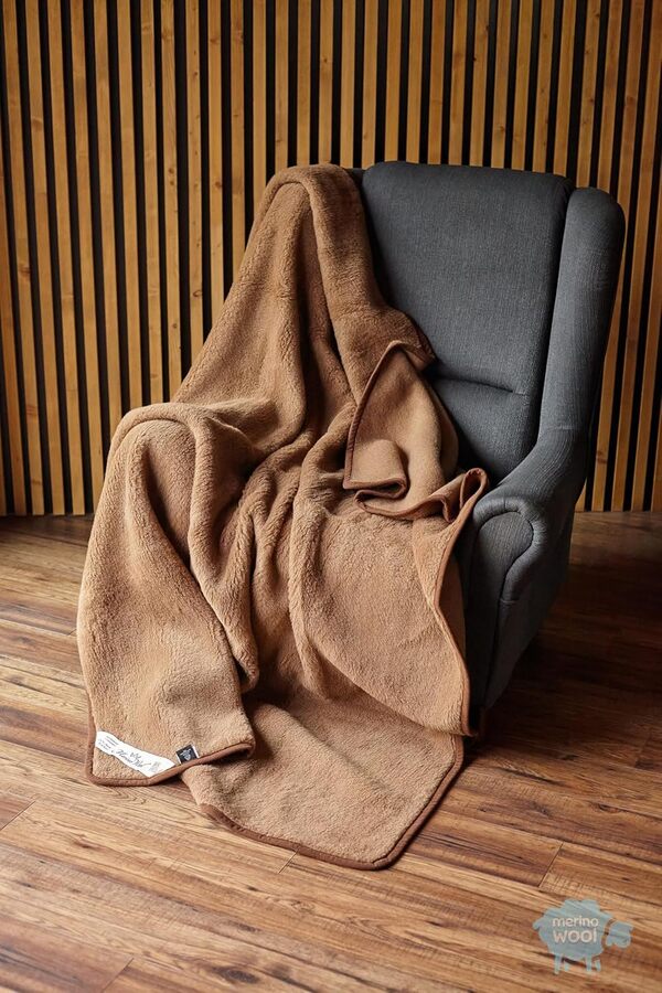 Laine Merinos 100% Couverture Chauffante, Jeté de Canapé, Couvre Lit Polaire, Blanket pour Sofa, Idée Cadeau (Brown, 220 x 200)