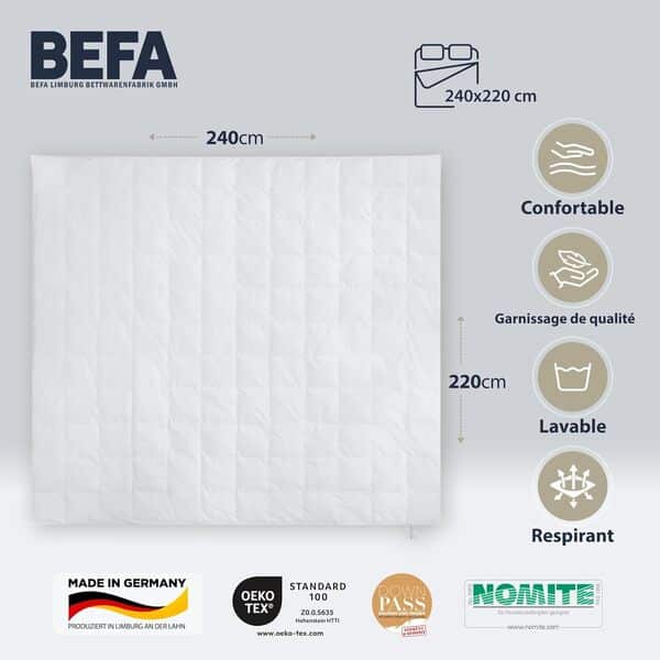 BEFA NATUR Couette en Duvet Hiver 240x220 cm | 90% Duvet & 10% Plumes | Poids de garnissage 1760 g | Anti-Allergique (NOMITE) | Oeko-TEX Classe 1 | Fabriqué en Allemagne