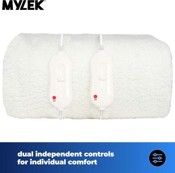 MYLEK Couverture électrique en Polaire pour lit King Size - Housse chauffante à Double contrôle - Jupe élastique - Dimensions : 190 x 152 x 40 cm - Protection Contre la surchauffe - Lavable