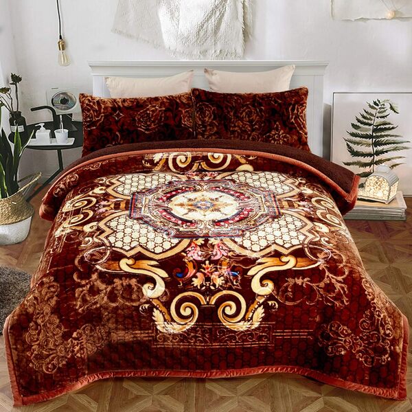 JML Couverture en flanelle sherpa, couverture polaire 3 plis avec taies d'oreiller pour l'hiver, douce, chaude, épaisse, style coréen, imprimé floral marron avec motif gaufré