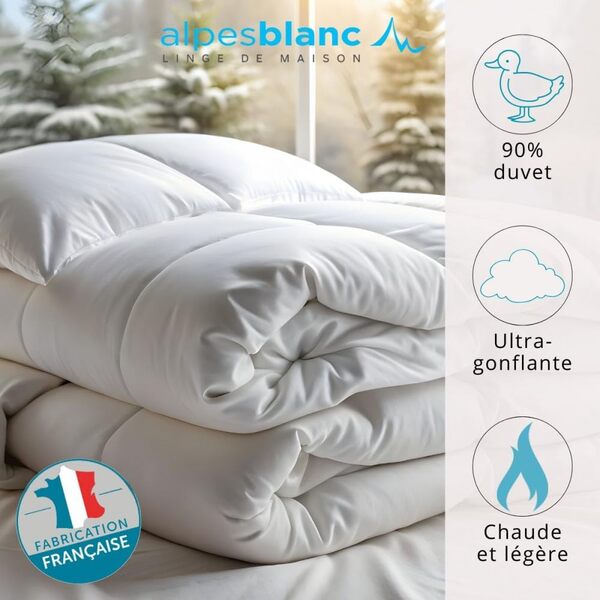 Alpes Blanc - Couette Naturelle 90% Duvet Neuf - Enveloppe 100% Coton - 140x200cm - Fabrication française - 300GR/m² Chaude Légère Réspirante