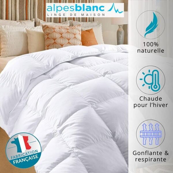 Alpes Blanc - Couette Naturelle en Plume 360g/m² - 240x260 cm –Fabrication Française – Lavable -Chaude et Respirante - Garnissage Neuf
