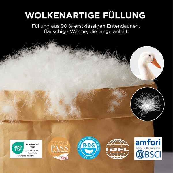 Bedsure Couette en Duvet - 200 x 200 cm - Couette d'hiver Chaude en 90% Duvet / 10% Plumes - 1760 g - Rembourrage épais, Extra Chaud avec Certificat Öko-Tex - Lavable - Blanc