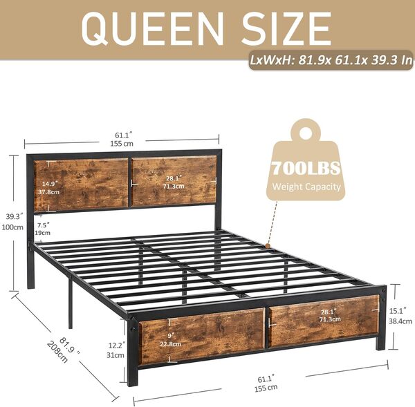 VECELO Cadre de Lit 160 x 190cm, avec Tête en Bois, Sommier Plateforme en Métal, avec Support à Lattes Solides et Espace de Rangement, Assemblage Facile